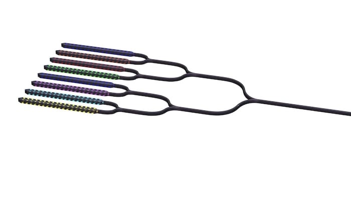 Illustration of 8-channel hybrid III-V/silicon distributed feedback (DFB) laser array.